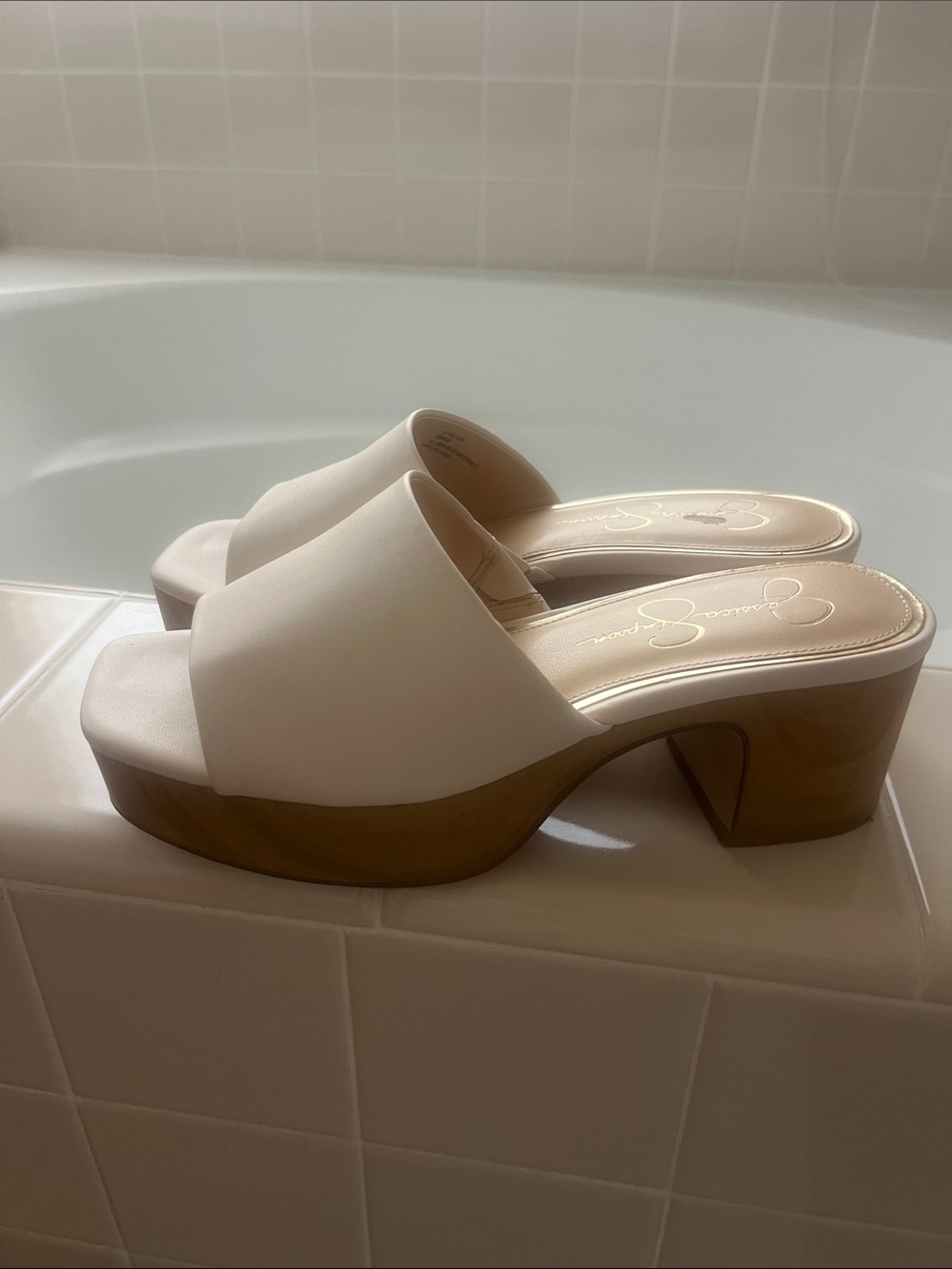 Jessica Simpson Cream Platform Mules with Wood-Look Heel